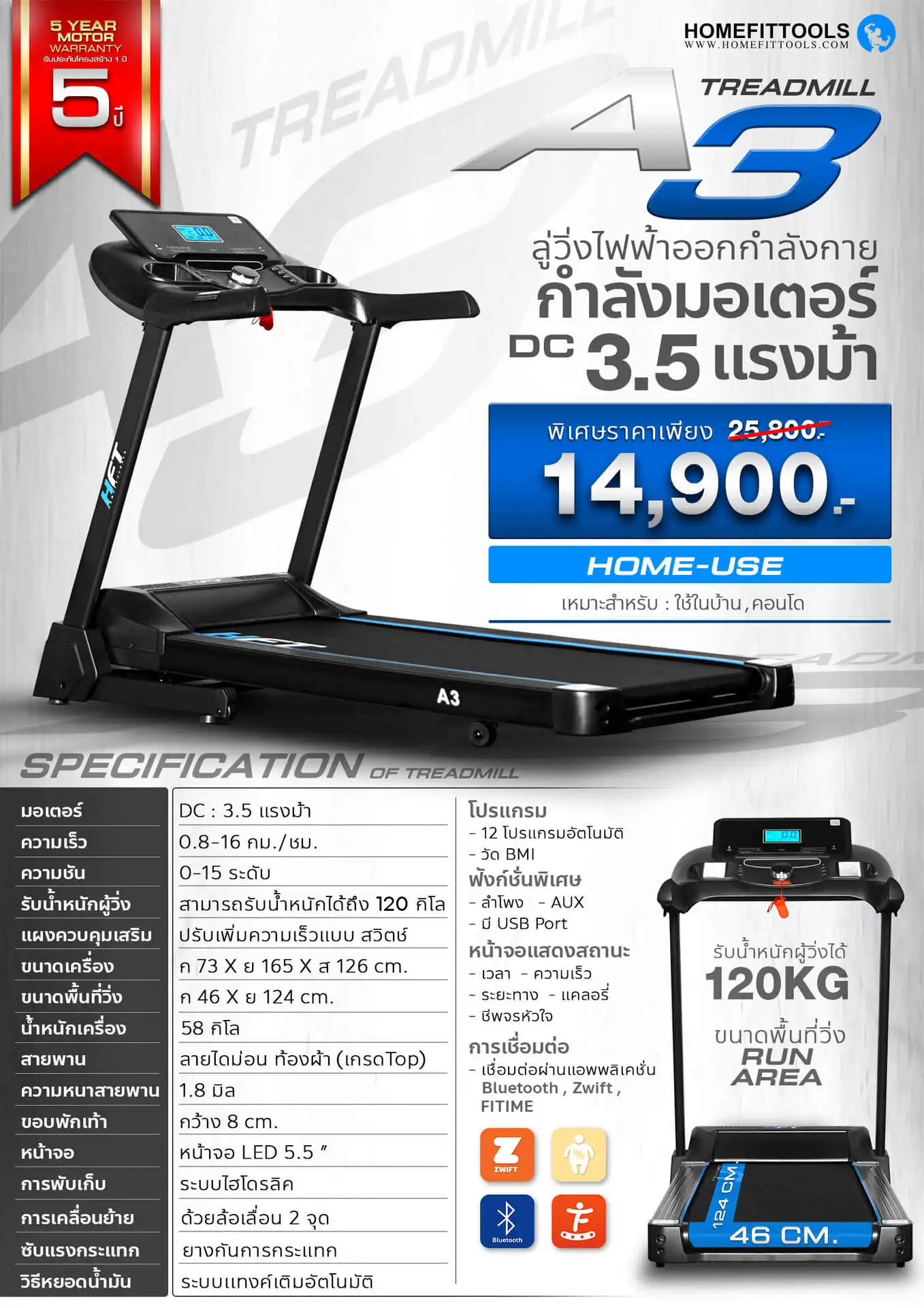 รายละเอียด ข้อมูล สเปคลู่วิ่งไฟฟ้า รุ่น A3 ราคาถูก